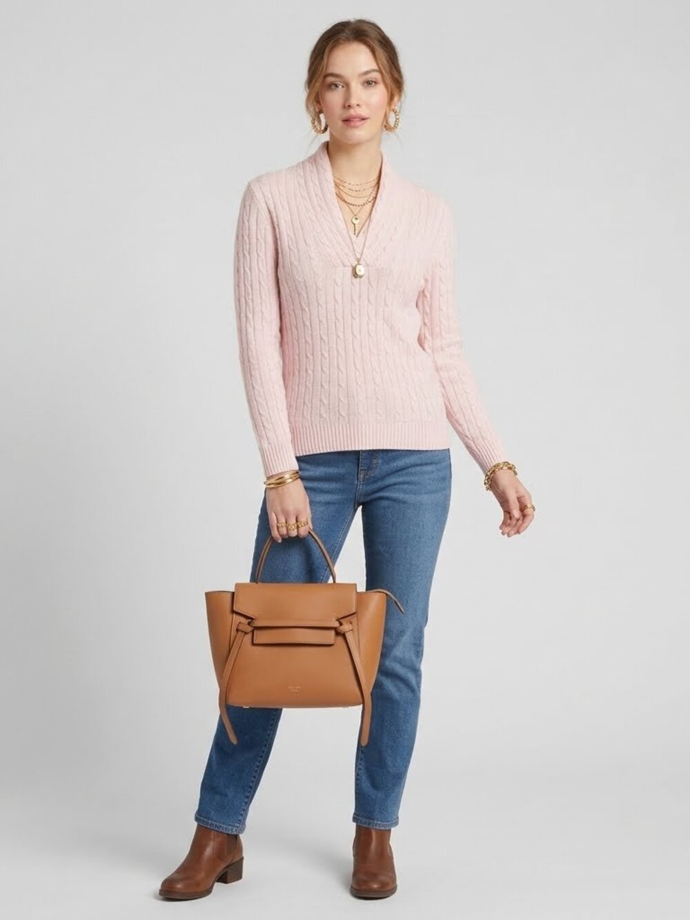 Lauren Ralph Lauren Pale Pink Cable Knit Shawl Collar Sweater L 100% Cotton